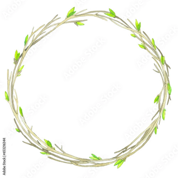 Obraz Watercolor spring wreath on a white background. Wreath with young branches and leaves, buds on a white background.