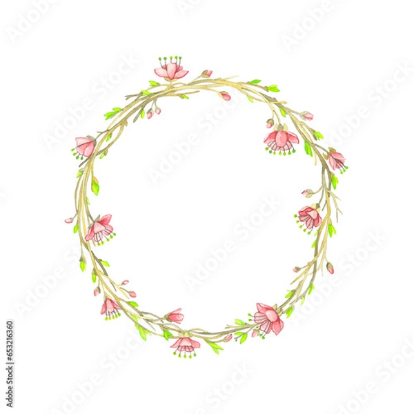 Obraz Watercolor spring wreath with young branches and leaves, buds, flowers on a white background.