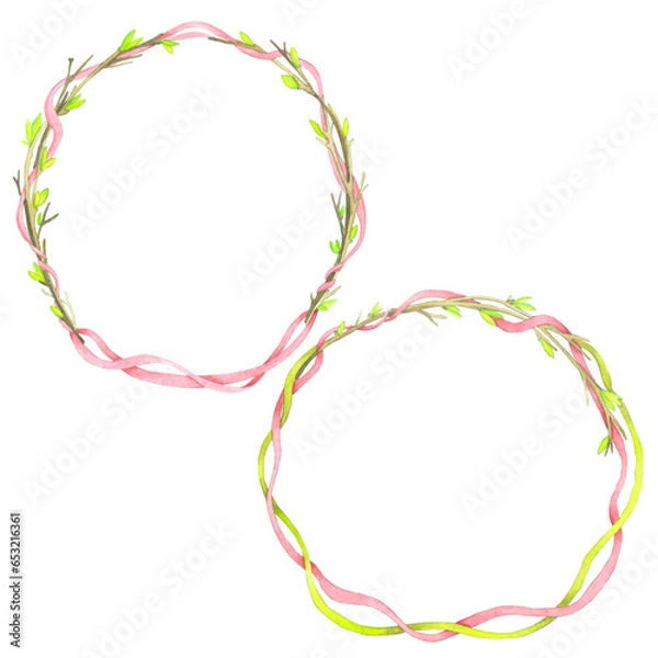 Fototapeta Watercolor seamless pattern on the theme of spring.On a white background.Watercolor, seamless pattern on the theme of spring. On a white background. Spring, young branches with ribbons.