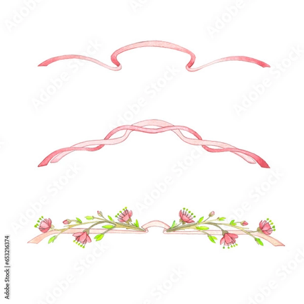 Obraz Watercolor spring, young cherry branches on a white background. Pink ribbons for decoration.