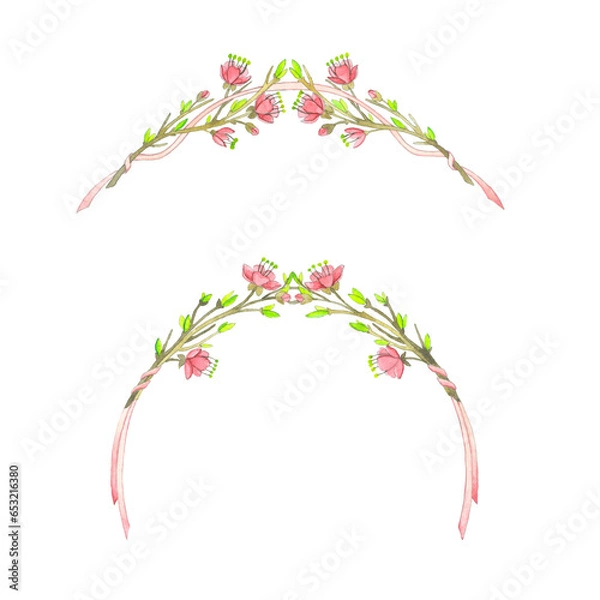 Fototapeta Watercolor spring wreath on a white background. Wreath with young, blooming branches and ribbons.