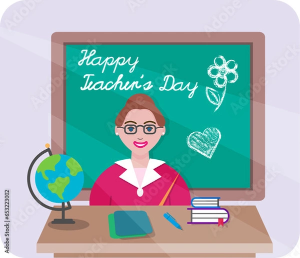 Fototapeta Design of Teacher's Day celebration. Smiling teacher sitting at the desk near the school board. Vector illustration. For greeting card, poster, social media. 