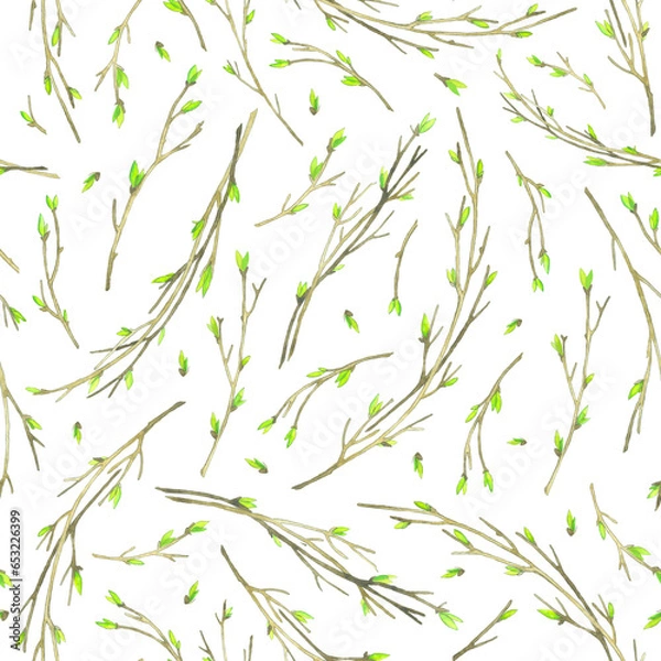 Obraz Watercolor pattern on the theme of spring on a white background. Endless pattern with images of spring, blooming, young branches and petals.