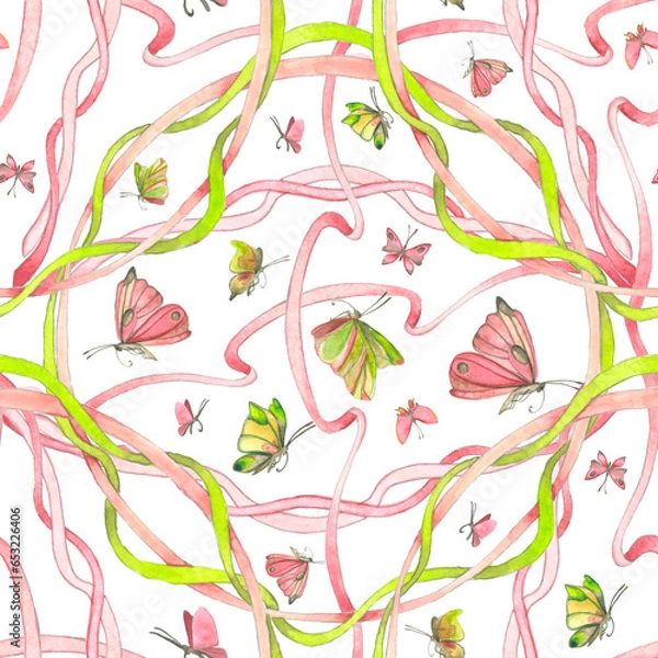 Fototapeta Seamless watercolor pattern with ribbons and butterflies on a white background.