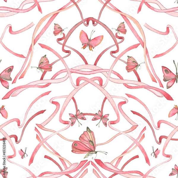 Obraz Seamless watercolor pattern with ribbons and butterflies on a white background.