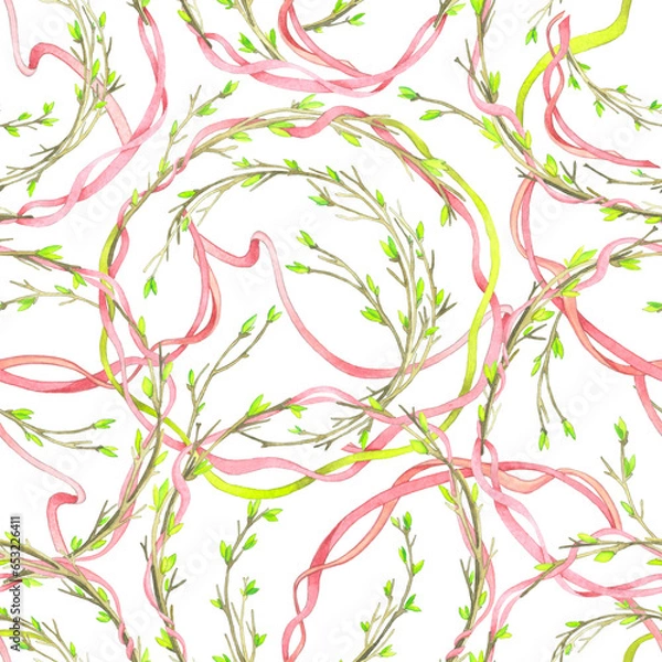 Fototapeta Seamless watercolor pattern with young cherry branches and ribbons on a white background.