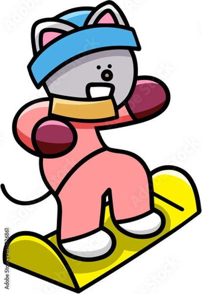 Obraz スノーボードをするにゃんまるのイラスト　猫
