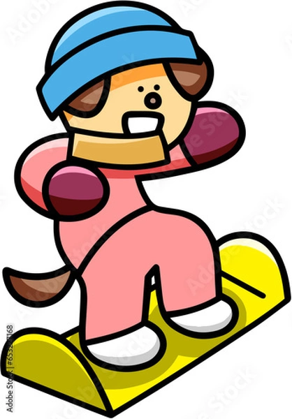 Obraz スノーボードをするわんまるのイラスト　犬
