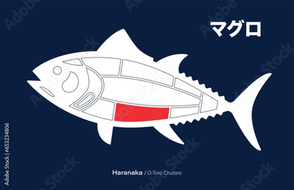 Obraz Haranakai o toro chutoro, Tuna japanese Cuts diagram on blue background.