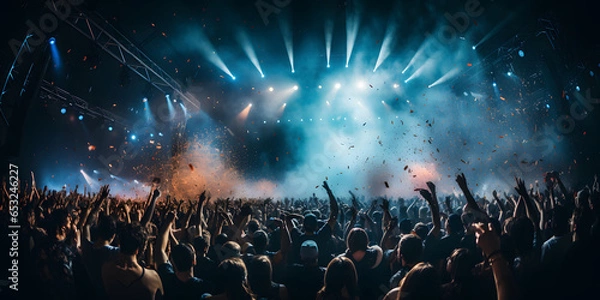 Fototapeta Concert crowd at a music festival in front of a live stage. 