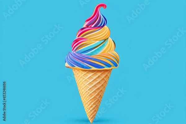 Fototapeta Colorful ice cream in waffle cone on blue background. 3d rendering