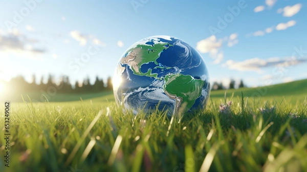 Fototapeta globe heart on grass in daylight on grass field blur forest background