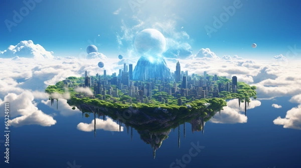 Fototapeta levitation city fantasy in sky with clouds