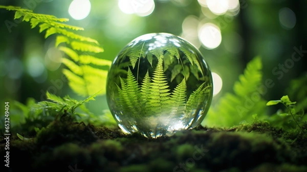 Fototapeta photo glass sphere on background in forest brake green trees earth with moss