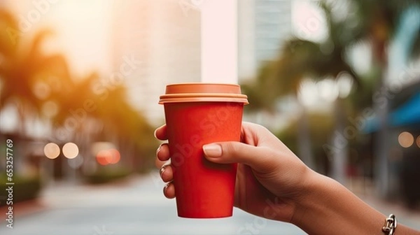 Obraz Hand holding a red coffee container