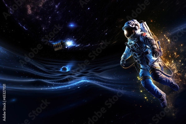 Fototapeta Astronaut floating in the space with ship behind and gravitational waves