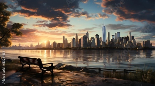 Fototapeta sunset over a city with a bench overlooking the water generated by AI