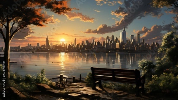 Fototapeta sunset over a city with a bench overlooking the water generated by AI