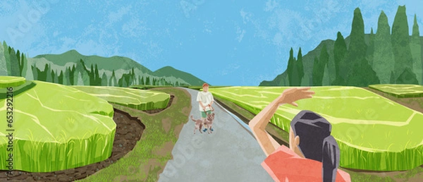 Fototapeta 日本の夏の水田原風景手描き水彩風イラスト