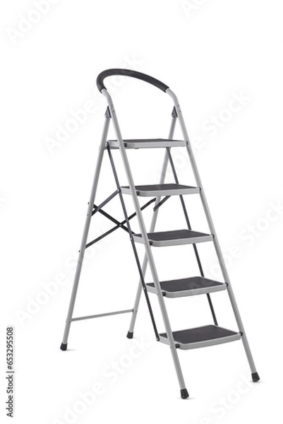 Fototapeta Three quarter shot of metallic safe  ladder with wide steps isolated on white background