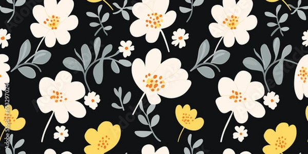 Fototapeta Hand drawn flowers, seamless patterns with floral for fabric, textiles, clothing, wrapping paper, cover, banner, interior decor, abstract backgrounds