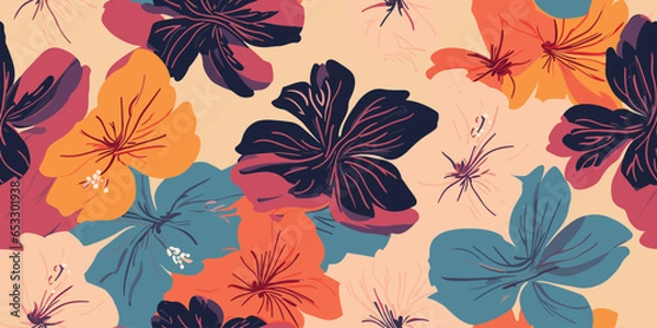 Obraz Tropical flower pattern seamless, silhouette of blooming, hand drawn botanical, Floral leaf for spring and Summer time, natural ornaments for textile, fabric, wallpaper, background design 