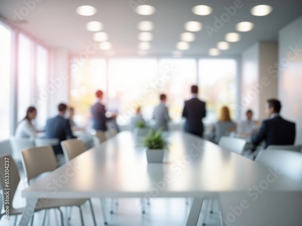 Fototapeta Blur Background of Office with People in a Meeting, Office Meeting with Blurred Background, Professional Office Setting with Meeting in Blur