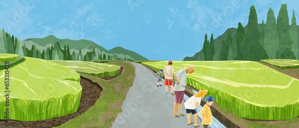 Fototapeta 日本の夏の水田原風景手描き水彩風イラスト