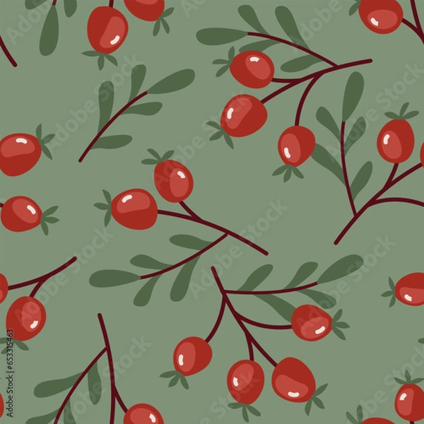 Fototapeta Seamless pattern with rose hips in flat style.