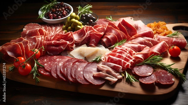 Fototapeta A variety of appetizers, meat products, appetizers displayed on a wooden cutting board. Prosciutto, salami, ham, cured meat. Flat lay, closeup. AI generated.
