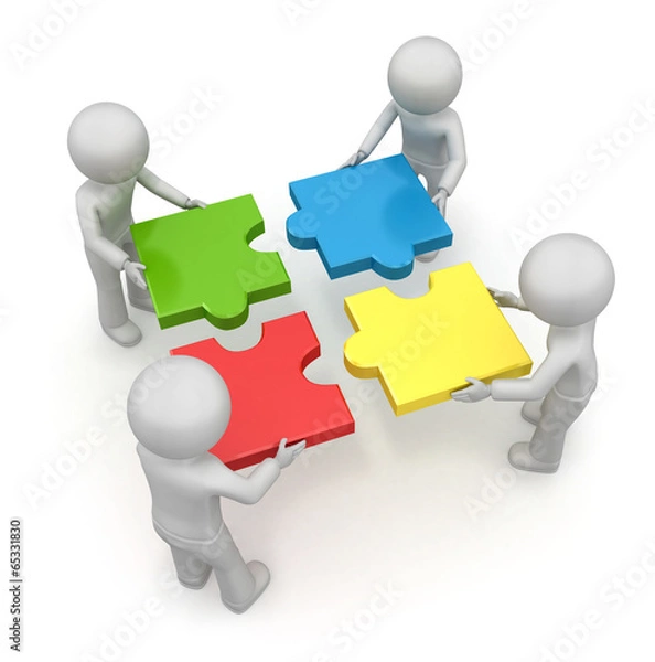 Obraz Team with the puzzles. 3d image isolated on white background