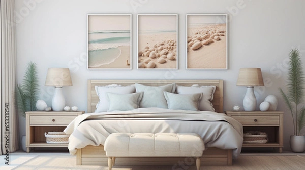 Fototapeta Coastal-themed bedroom with seashell decor. Seaside slumber. A serene chamber capturing the essence of the ocean's calm and beauty