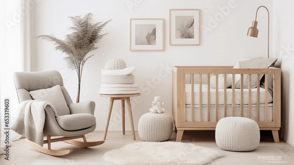Fototapeta Scandinavian-inspired nursery. Minimalist comfort. A cozy corner for the little one, with neutral tones and natural textures