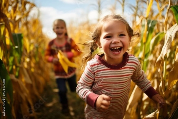 Fototapeta Joyful kids exploring a corn maze