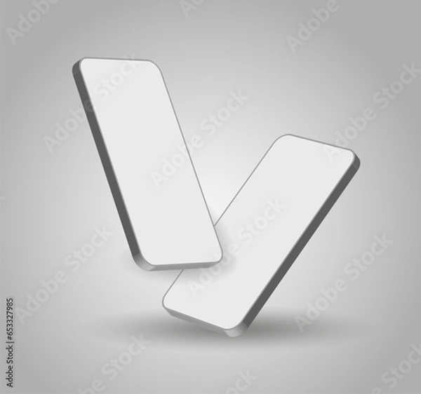 Fototapeta Smartphone mockup in rotated position. Mobile from different angles with blank screen. Template for presentation 3D realistic device. Vector illustration for banner, flyer, business card.