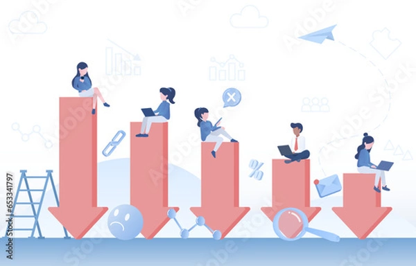 Obraz Financial business and stock market collapse concept. Investor or business people sitting on falling down bar graph market crash, bankruptcy, cost reduction and downward arrow. Vector illustration.