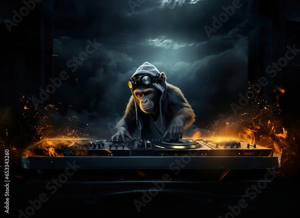 Fototapeta Abstract monkey DJ make music. 