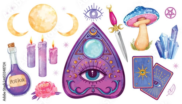 Fototapeta A set of mystical magic and spiritual witchcraft items. Ouija board, dagger, celestial crystals, potions, candles, magical mushroom, tarot cards. Vector illustration of Esoteric elements.