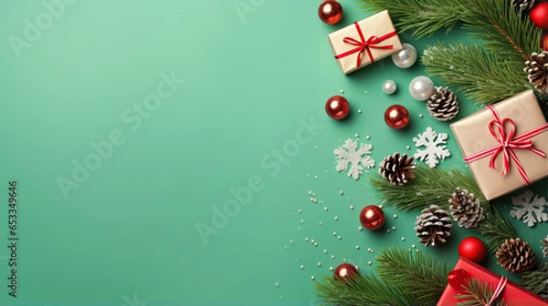 Fototapeta Top view of composition with Christmas decorations and copy space on green background. New Year winter banner.
