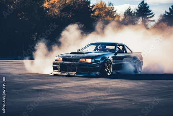 Fototapeta Smoke tires. A fast race car peels out on the starting line of a raceway's drag strip. Drifting car.