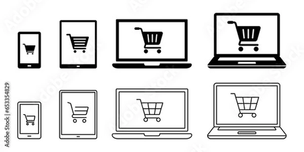 Obraz ネットショッピング、オンライン通販のショッピングカートとデバイスのベクターイラスト白黒アイコン素材セット