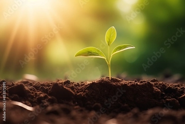 Obraz small green plants that have just grown from the ground with a beautiful green view generative ai