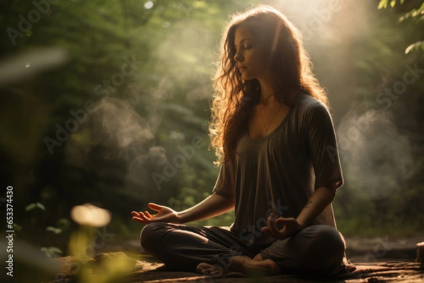 Fototapeta Young woman practicing breathing yoga pranayama outdoors in moss forest on a backdrop of waterfall. Unity with nature concept.