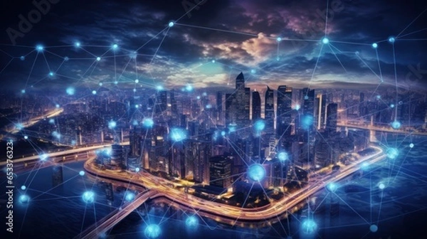 Fototapeta 5G wireless network, high speed internet, cloud computing or connect diagram technology, Data storage, service, synchronize, online, financial, Connectivity global, smart city, Gen by AI