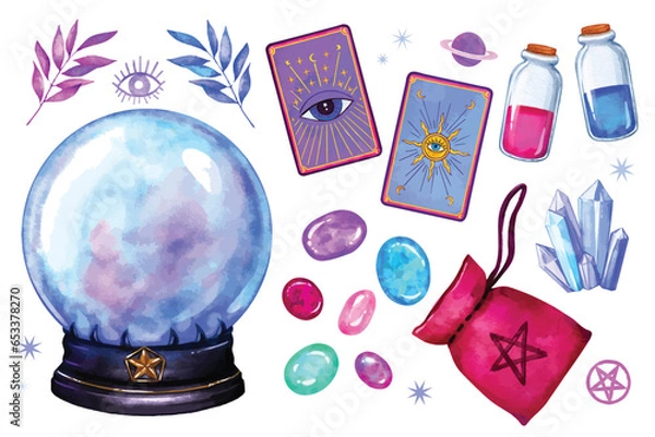 Fototapeta witchcraft and fortune telling items set. mystical witchy magic elements collection, crystal ball, tarot cards, potions, celestial magic stones. Watercolor Vector illustration