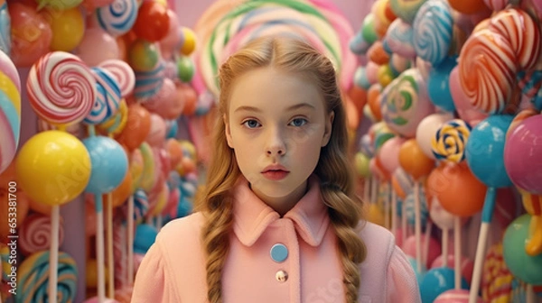 Fototapeta A girl dressed in a candy suit against a pastel - color background