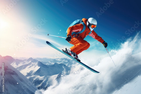 Fototapeta Skier skiing downhill in high mountains