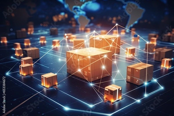 Fototapeta Global connected parcel logistic - challenges and innovations in package tracking technology, providing real-time updates for customers - Generative AI