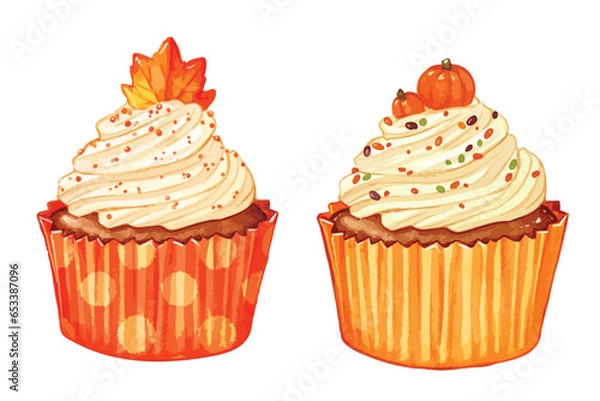 Fototapeta Fall theme cupcake isolated vector illustration. Fall decorated muffins