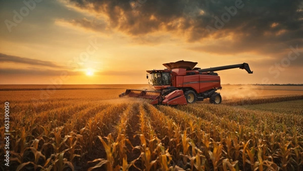 Fototapeta Harvesting of corn fields with combine, Corn picker harvesting a large filed of sweet Corn with sunset sky. ai generative